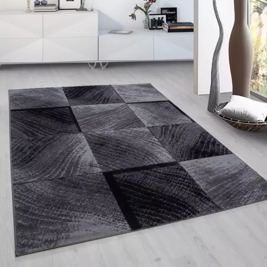 Plus Laagpolig vloerkleed geruit patroon zwart woonkamerkleed jute achterkant afmeting: 120 cm x 170 cm