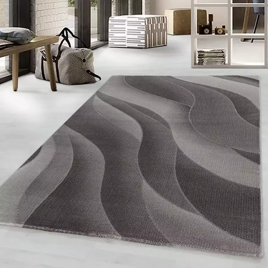 Adana Carpets Kortpolig vloerkleed met golvend patroon bruine kleur geschikt voor de woonkamer met jute achterkant afmeting: 80 x 150 cm