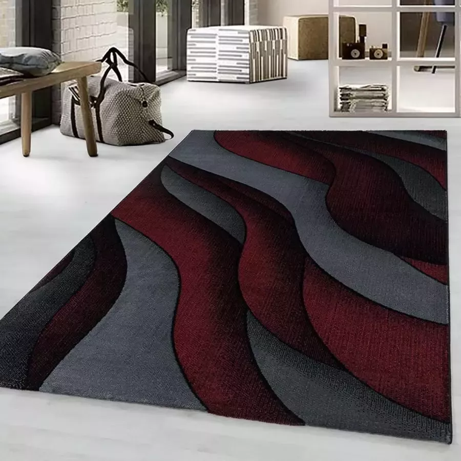 Adana Carpets Laagpolig vloerkleed golvend patroon rood woonkamerkleed jute achterkant afmeting: 140 x 200 cm
