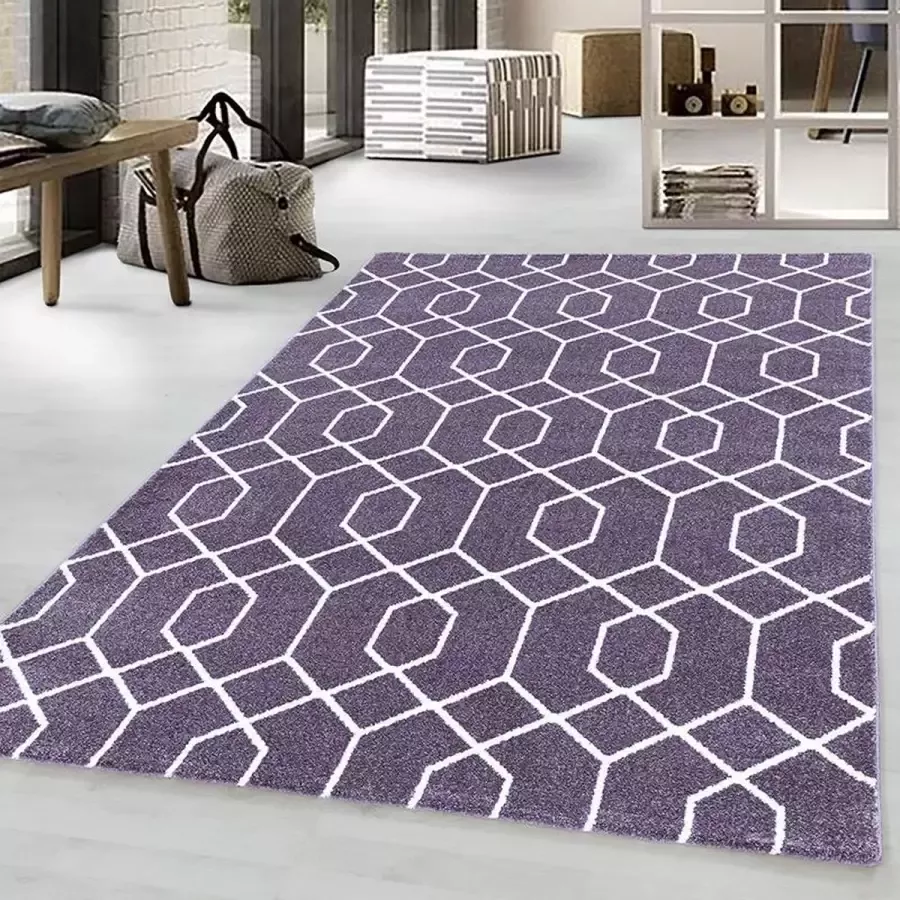 Adana Carpets Laagpolig vloerkleed geometrisch patroon violette kleur woonkamerkleed jute achterkant afmeting: 200 cm x 290 cm - Foto 5