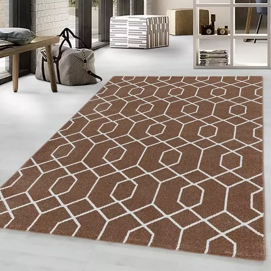 Ayyildiz Laagpolig vloerkleed met geometrisch patroon koperkleur geschikt voor de woonkamer met een jute achterkant afmetingen: 80 x 250 cm - Foto 2