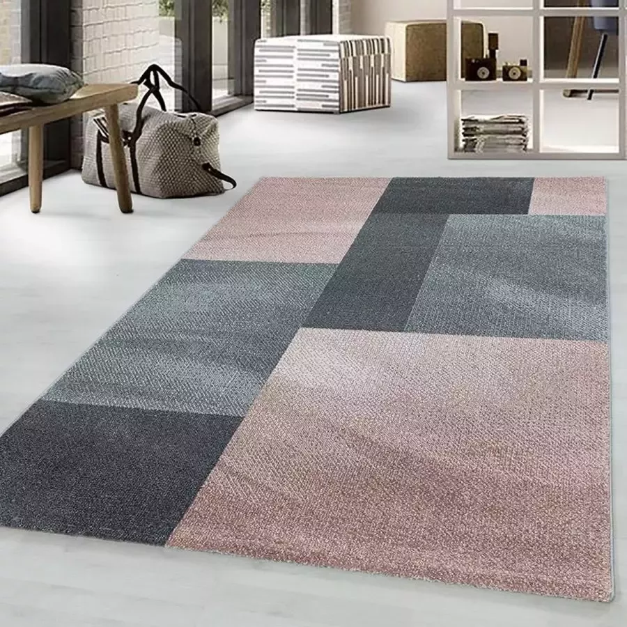 Adana Carpets Retro vloerkleed Stencil Rectangles Roze Grijs 140x200cm