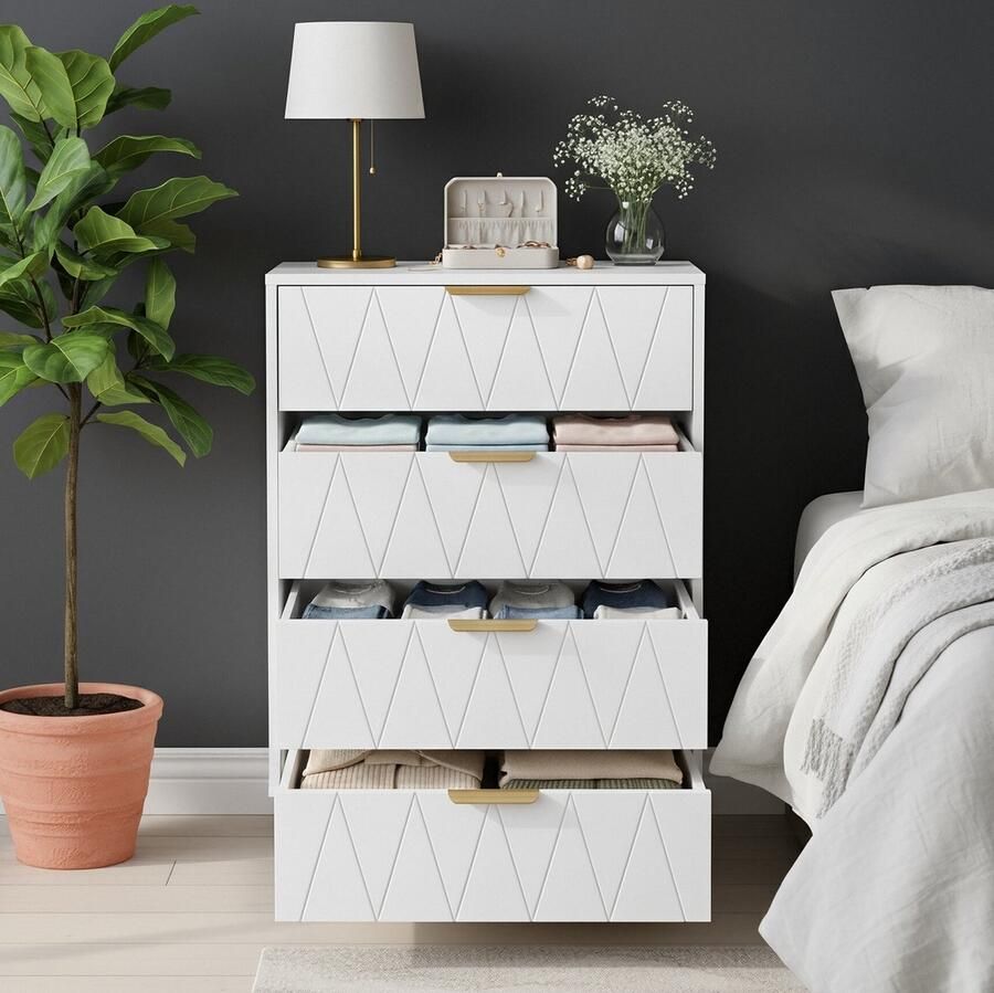 ADFBL Design Ladekast Wit met 4 Lades Goudkleurige Details Commode voor Slaapkamer & Woonkamer Modern