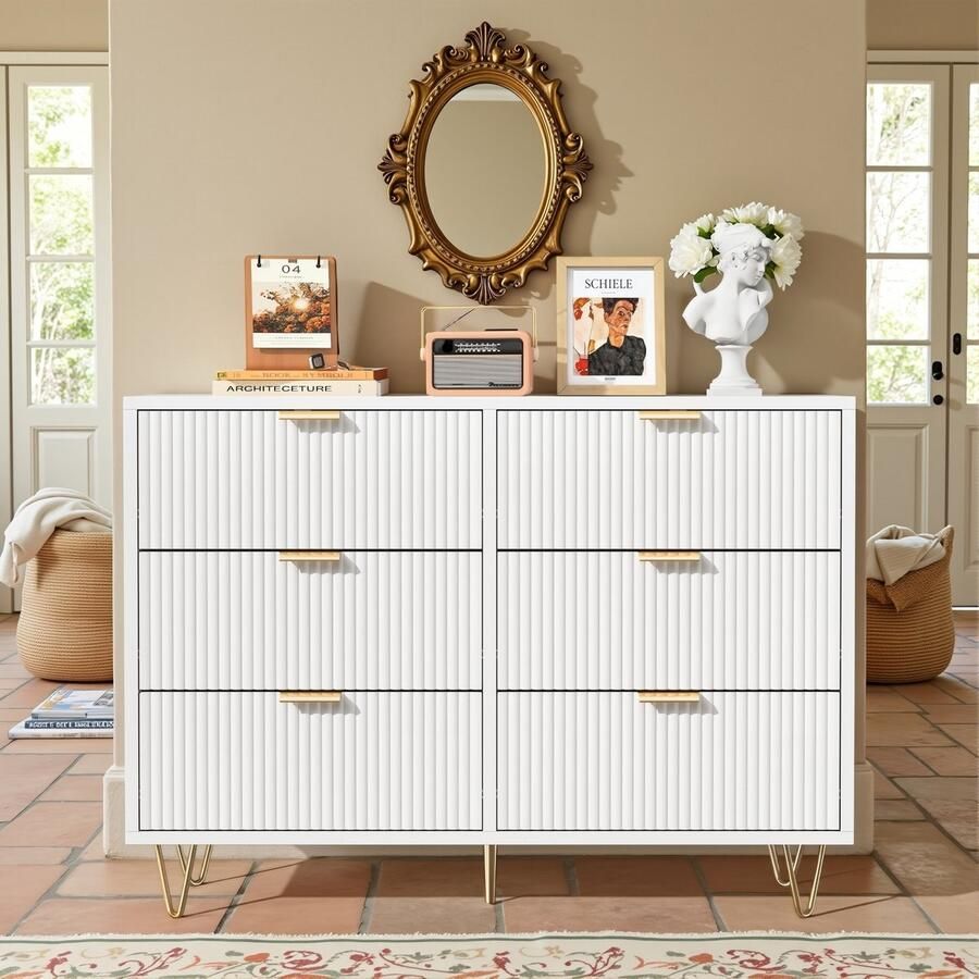 ADFBL Dressoir 100 x 34 x 73 cm Moderne Ladekast met 6 Lades Voor Woonkamer of Slaapkamer Geribbeld Design Wit