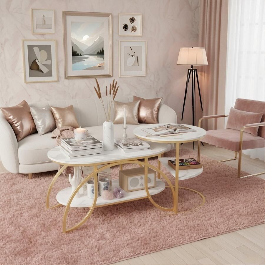 ADFBL Elegante Salontafelset Dubbellaags Ontwerp Wit Marmer en Goud Set van 2