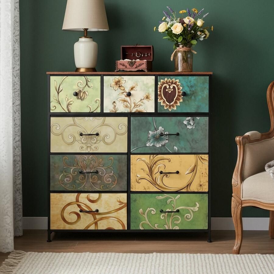 ADFBL Grote Ladekast Industrieel met 9 Stoffen Lades Vintage Design Houtlook Commode Opbergkast XL