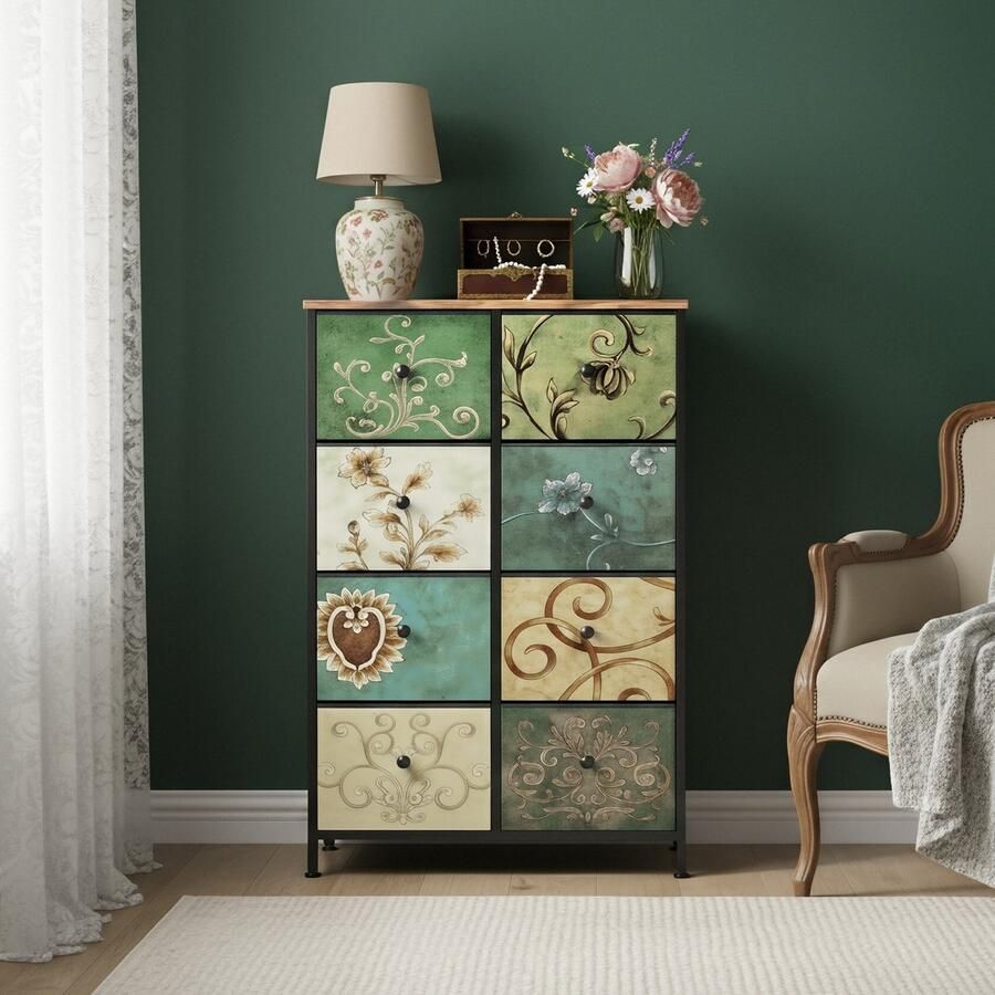 ADFBL Hoge Ladekast Industrieel met 8 Stoffen Lades Vintage Design Houtlook Smalle Commode voor Hal