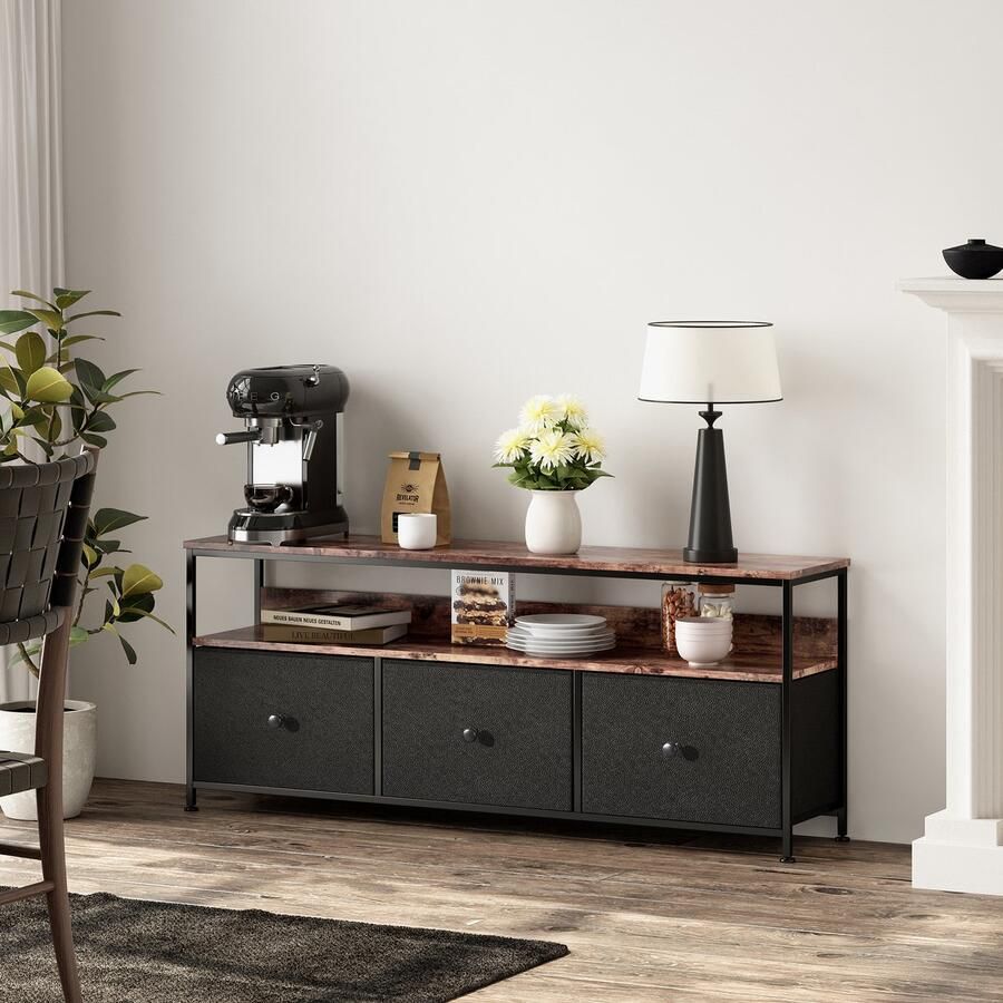 ADFBL Industrieel TV-meubel 108 cm Breed Houtlook en Zwart Metaal met 3 Stoffen Lades