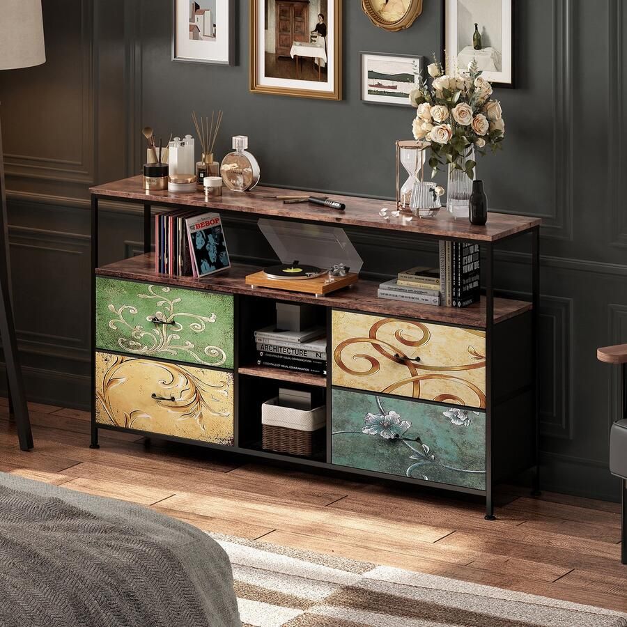 ADFBL Industrieel TV-meubel 108 cm met 5 Gekleurde Stoffen Lades Vintage Houtlook