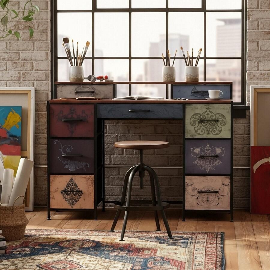 ADFBL Kaptafel Industrieel Make-up Tafel met 9 Lades 121 cm x 40 cm x 91.2 cm Zonder Spiegel