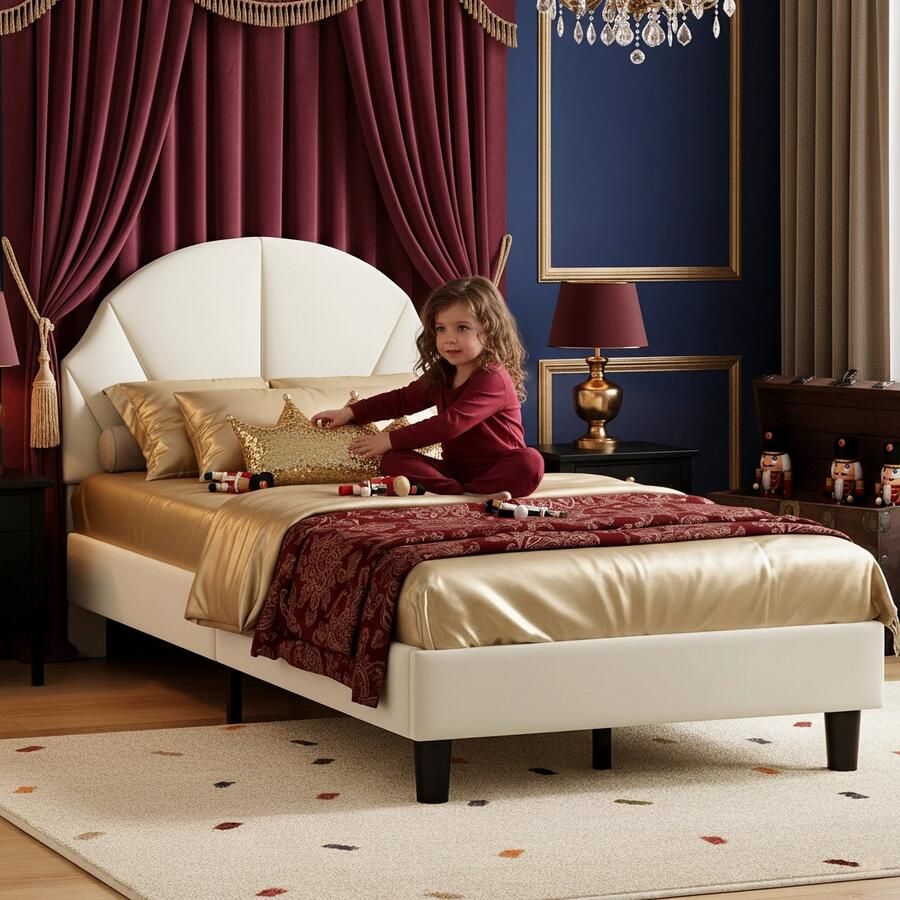 ADFBL Kinderbed Fluweel Beige 90x200 cm Eenpersoonsbed met Verstelbaar Hoofdeinde Modern Schelp Design