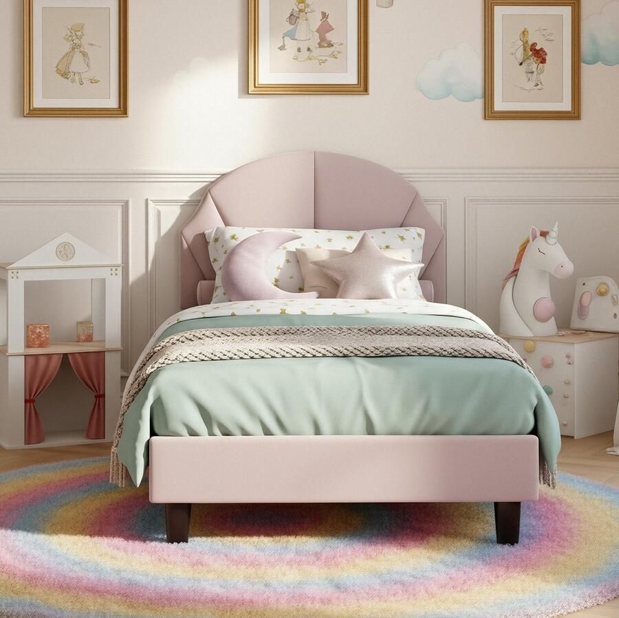 ADFBL Kinderbed Fluweel Roze 90x200 cm Eenpersoonsbed met Verstelbaar Hoofdeinde Meisjesbed Schelp Design