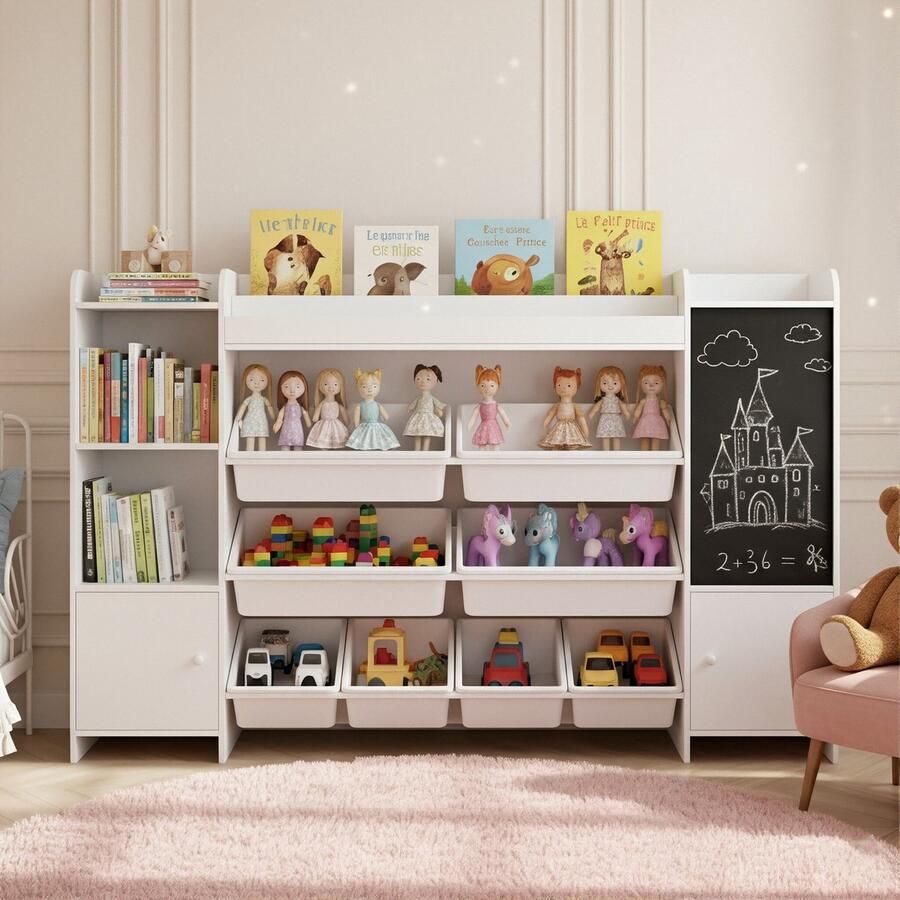 ADFBL Kinderboekenkast Wit Speelgoedkast met 8 Bakken & Krijtbord Grote Opbergkast voor Speelgoed & Boeken