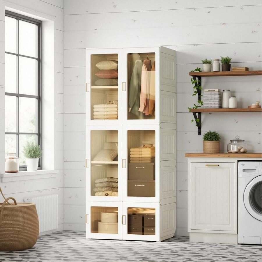 ADFBL Kledingkast Vouwbaar 170 cm Hoog Installatievrij Modulaire Opbergkast Kunststof Vouwbare Kast met Stang Wit