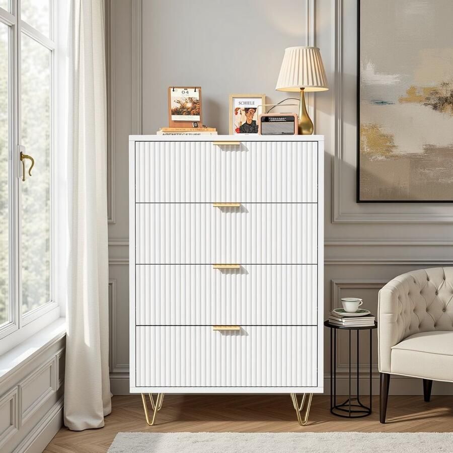 ADFBL Ladekast Hoge Commode met 4 Lades Modern Geribbeld Design Voor Woonkamer of Slaapkamer Wit met Gouden Poten