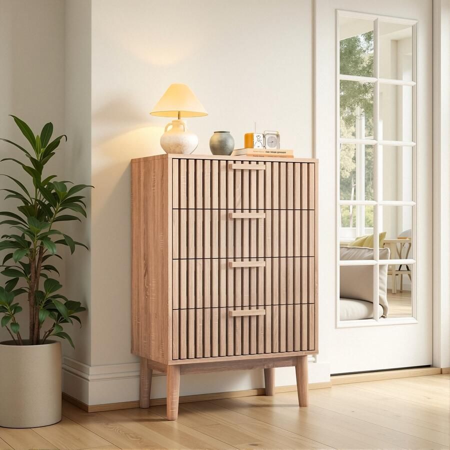 ADFBL Ladekast Hout 60 x 34 x 91cm 4 Lades Massief Houten Poten Eikenlook Geribbeld Design Voor Slaapkamer of Woonkamer