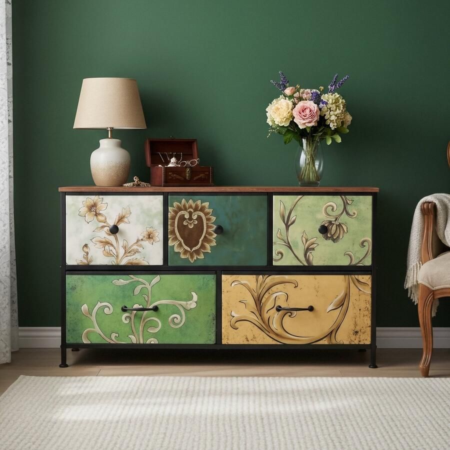 ADFBL Ladekast Industrieel met 5 Stoffen Lades Vintage Design Houtlook Commode Opbergkast voor Slaapkamer