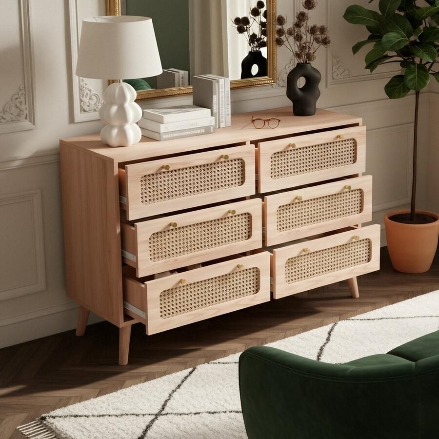 ADFBL Ladekast met 6 Lades en Rotan Houtkleur Bohemian Commode voor Slaapkamer Scandinavische Stijl