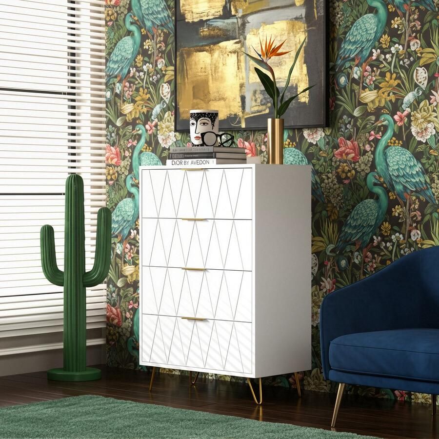 ADFBL Ladekast Modern 60 x 34 x 90 cm 4 Lades Licht Luxe Stijl Wit met Gouden Details Voor Slaapkamer of Woonkamer