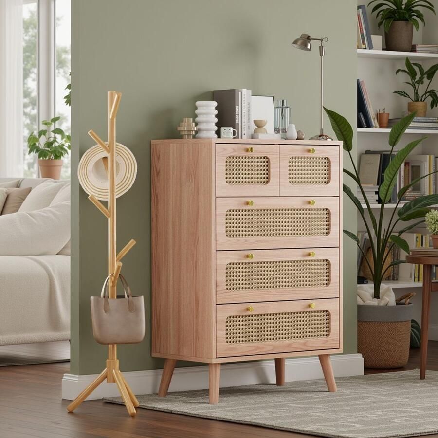 ADFBL Ladekast Rattan 60x34x91cm Commode met 5 Lades Ladekast voor Slaapkamer Bohemian Houtlook