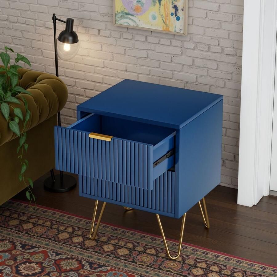 ADFBL Moderne nachtkastje 40 x 35 5 x 50 cm Bijzettafel met 2 lades Diepblauw met gouden poten Geribbeld paneel Multifunctionele ladekast
