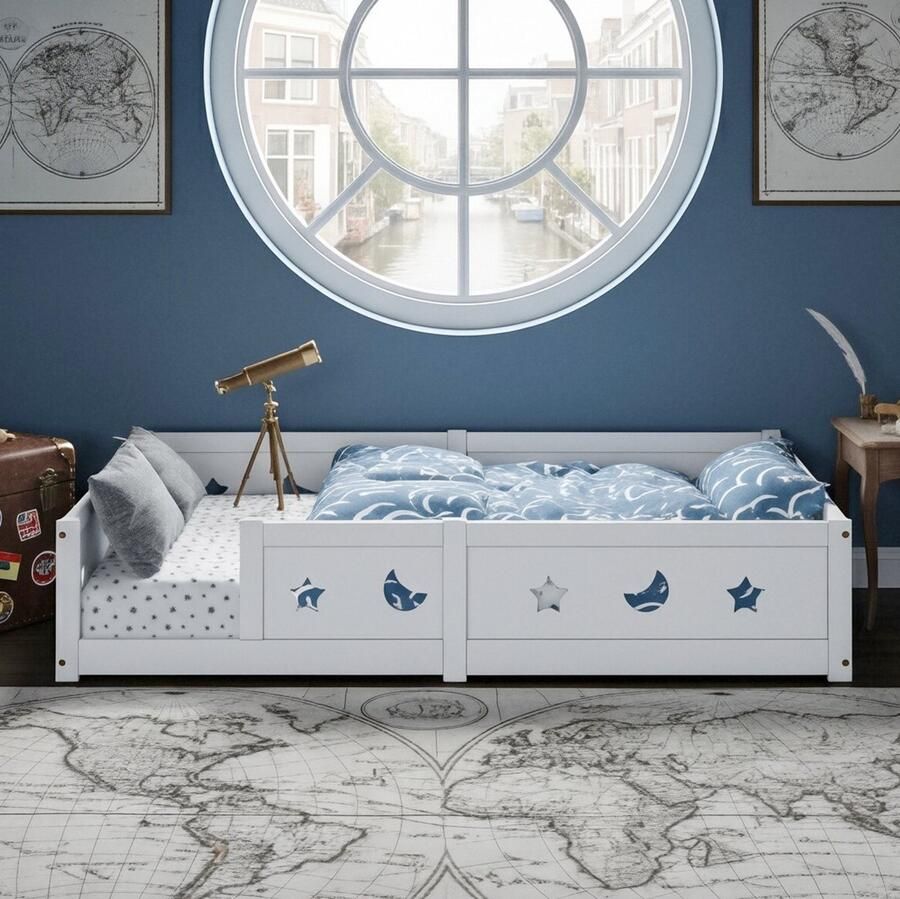 ADFBL Montessori Vloerbed 120x200 cm Houten Kinderbed met Uitvalbeveiliging Twijfelaar Peuterbed Sterren & Maan