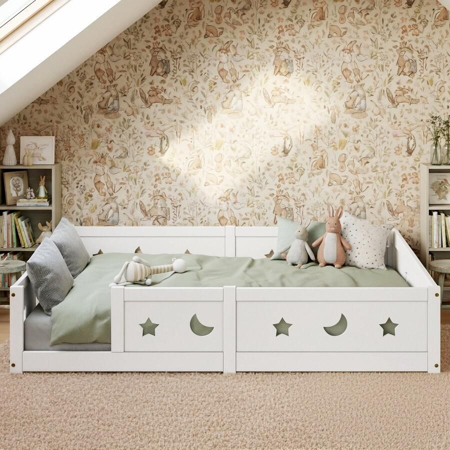 ADFBL Montessori Vloerbed 140x200 cm Houten Kinderbed met Uitvalbeveiliging Tweepersoons Peuterbed Sterren & Maan