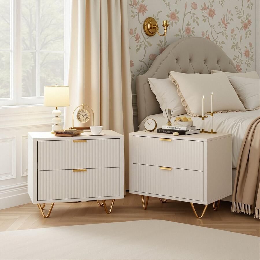 ADFBL Nachtkastjes Set van 2 55 cm Hoog Modern Design Wit met Gouden Poten Geribbeld