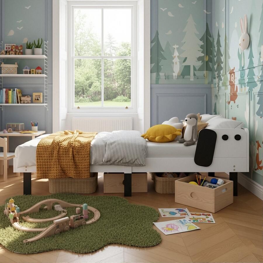 ADFBL Peuterbed Hond 90x200 cm Wit Kinderbed met Uitvalbeveiliging Houten Juniorbed Puppy Design