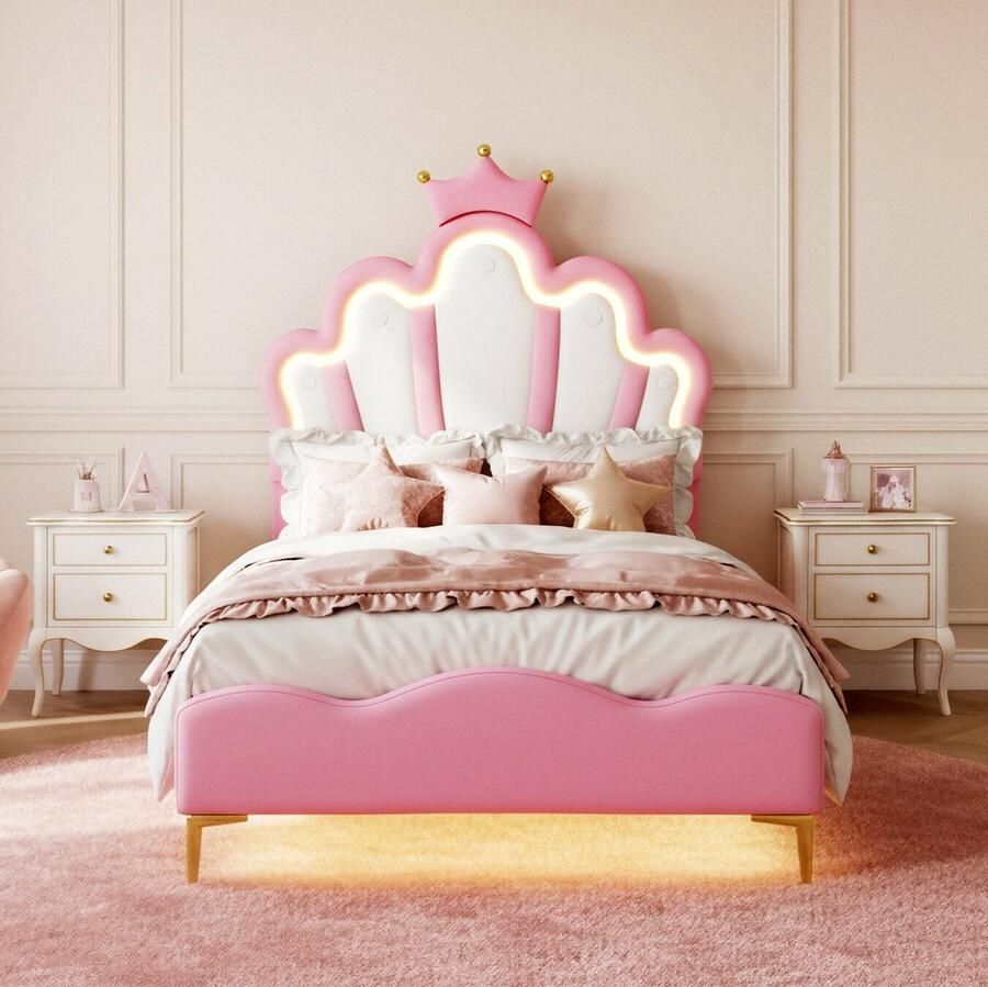 ADFBL Prinsessenbed Roze 90x200 cm Kinderbed met Kroon & LED Verlichting Gestoffeerd Meisjesbed