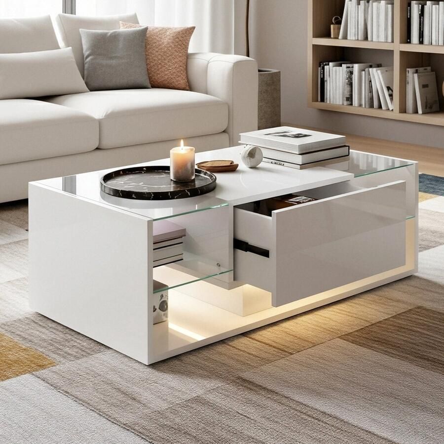 ADFBL Salontafel Wit Hoogglans 100x50 cm Design Koffietafel met RGB LED & Lade App & Remote Control