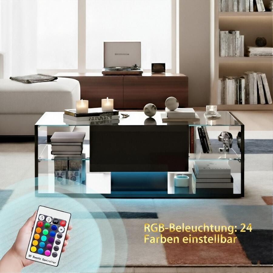 ADFBL Salontafel Zwart Hoogglans 100x50 cm Design Koffietafel met RGB LED & Lade App & Remote Control