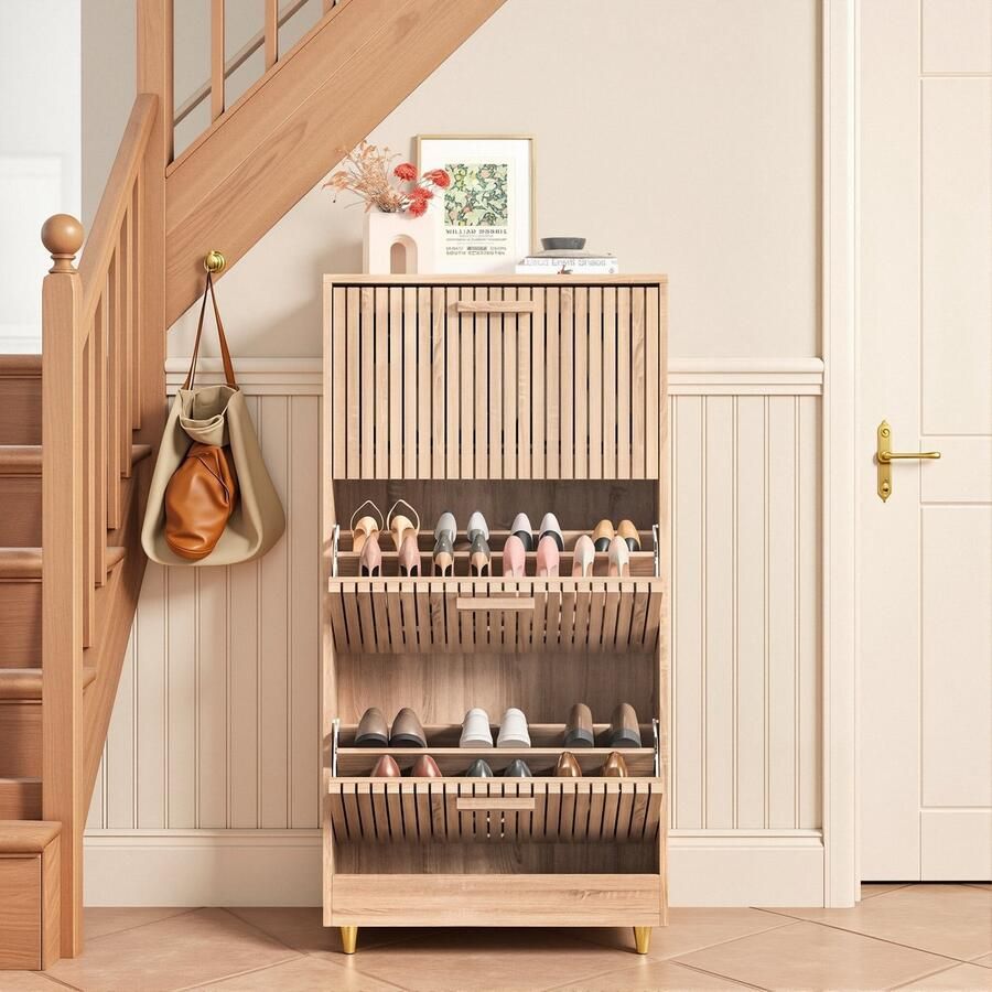 ADFBL Schoenenkast Smal & Modern Voor 16 Paar Schoenen 2 Klapdeuren Houtlook Voor Hal of Gang