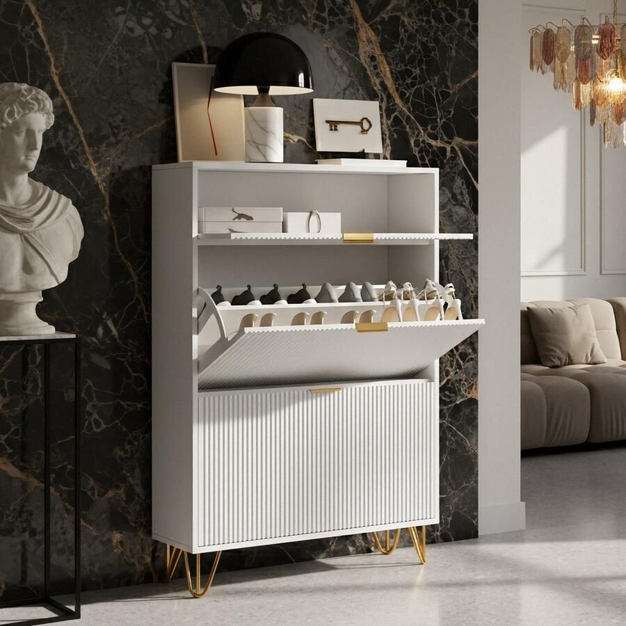 ADFBL Smalle Schoenenkast Wit met 3 Kleppen Modern Design Hoge Schoenen Opberger voor Hal met Gouden Details