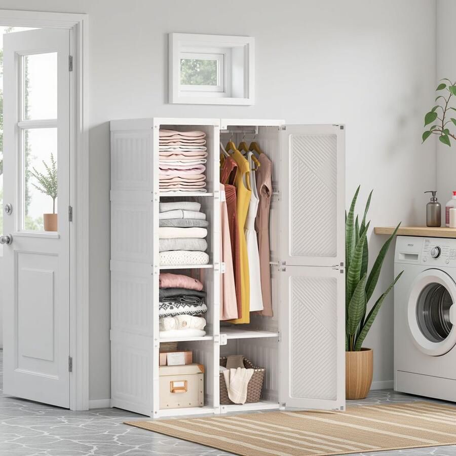 ADFBL Vouwbare Kledingkast 136x 69x 50cm Installatievrij Modulaire Opbergkast met Hangroede Witte Kunststof Kast