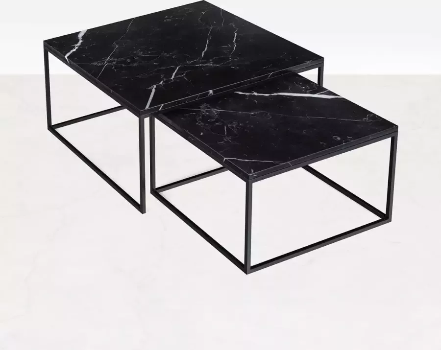 Aime Té Marmeren Salontafel Set Vierkant Nero Marquina Zwart 60 cm + 80 cm Gepolijst