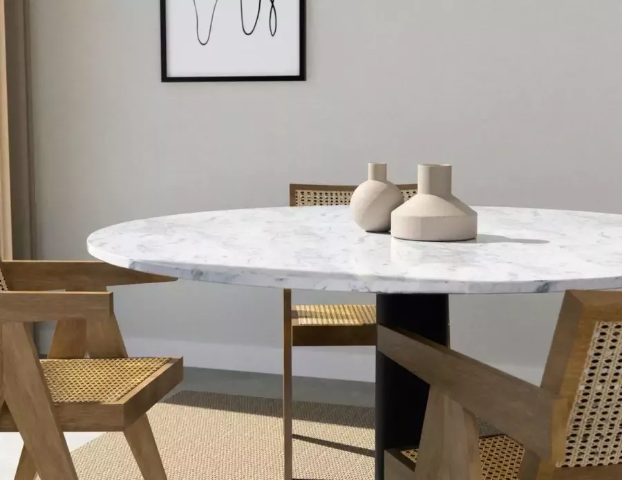 Aime Té KIYO Ronde Eettafel – Carrara Wit Marmer (Zwarte Middenpoot) 140 cm Glanzend