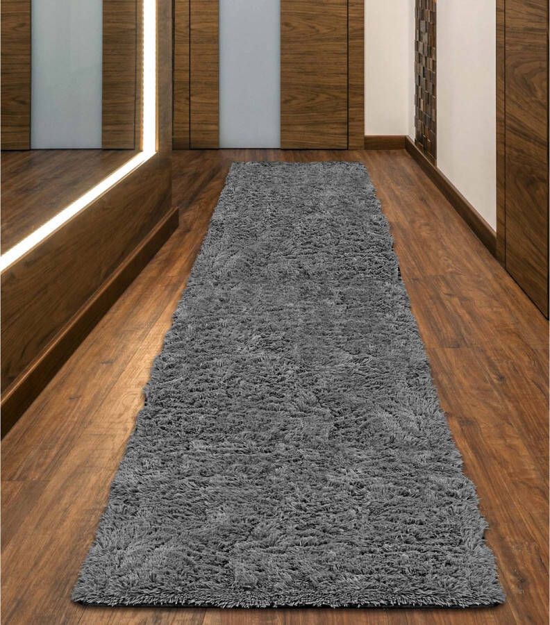 Aio Pluche tapijt korte pool antislip 80 x 300 cm donkergrijs