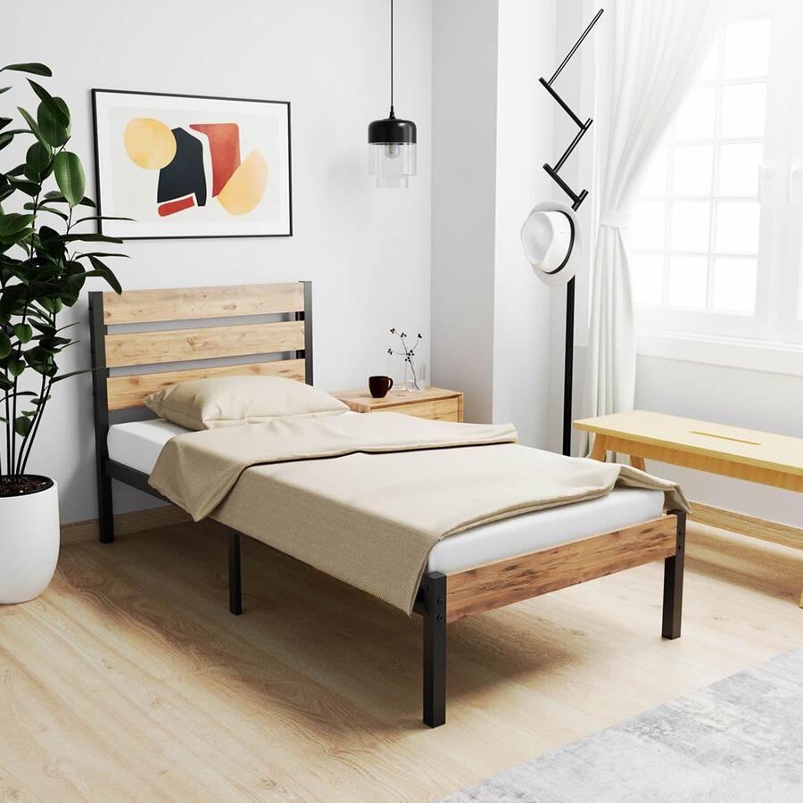 AirSleeperz heavy duty metalen bedframe Max Black Wood 90x200 cm 1 persoons Binnen 15 minuten te installeren Draagkracht 350 kg