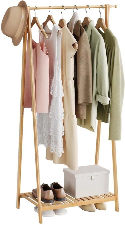 AIverig Bamboe Kledingrek Staand Kapstok met Schoenenplank Garderoberek & Droogrek Duurzaam stabiel driehoekframe Dubbele hangstang & extra plank 82×154 5×42 cm