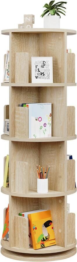AIverig Roterende Boekenkast Bruin – Boekenrek 16-Vaks Boekenplank – 4-Niveaus Organizer – 360° Draaibare kast – E1 Kwaliteit Hout – Ø44×127 4 cm