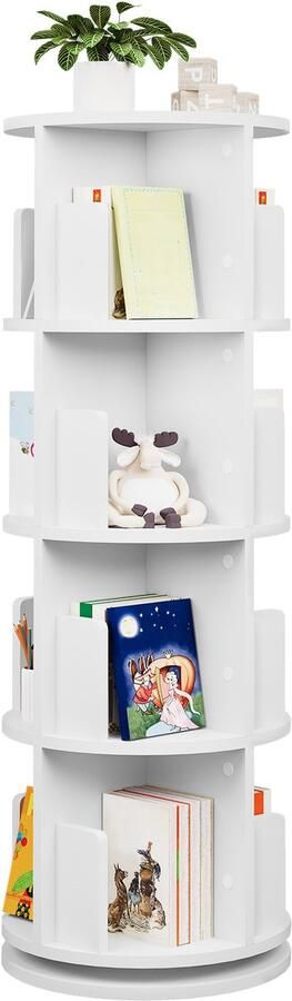 AIverig Roterende Boekenkast Wit – Boekenrek 16-Vaks Boekenplank – 4-Niveaus Organizer – 360° Draaibare kast – E1 Kwaliteit Hout – Ø44×127 4 cm