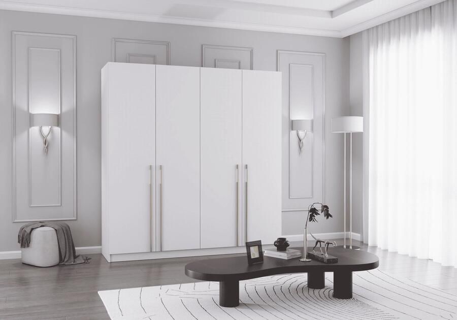 AJE Meubles B.V. Draaideurkast Glamy 4D Wit Moderne 4-deurs kledingkast met veel opbergruimte legplanken – ideaal voor slaapkamer dressing of jeugd kamer kast garderobe draaideurkast