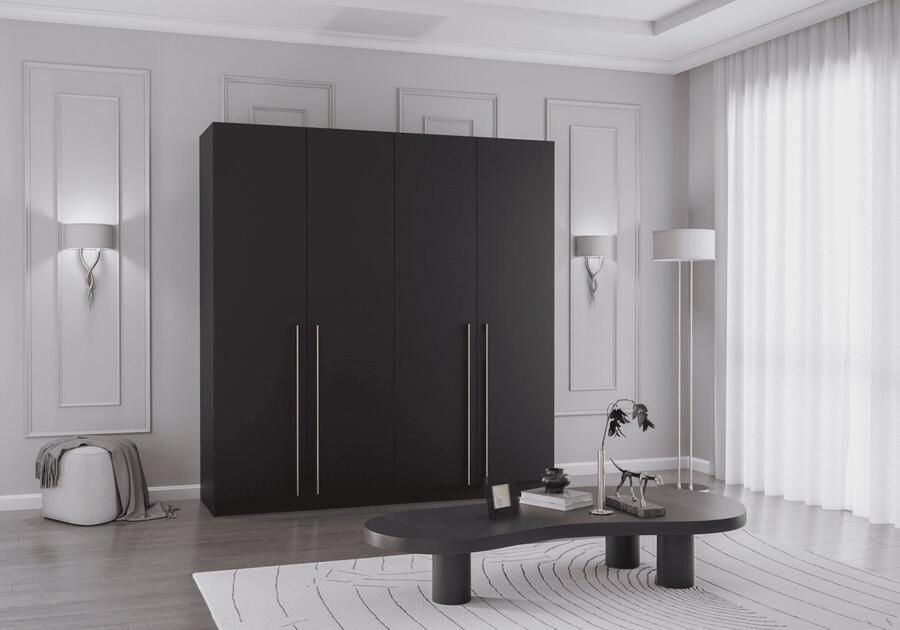 AJE Meubles B.V. Draaideurkast Glamy 4D Zwart Moderne 4-deurs kledingkast met veel opbergruimte legplanken – ideaal voor slaapkamer dressing of jeugd kamer kast garderobe draaideurkast