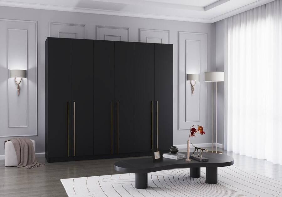 AJE Meubles B.V. Draaideurkast Glamy 6D Zwart Moderne 6-deurs kledingkast met veel opbergruimte legplanken – ideaal voor slaapkamer dressing of jeugd kamer kast garderobe draaideurkast