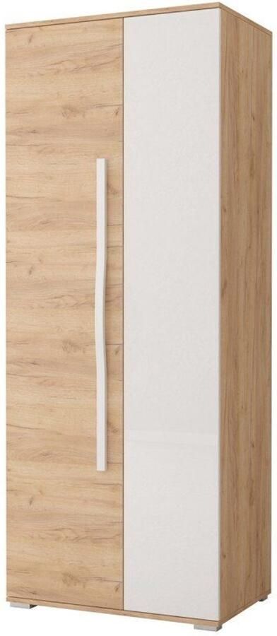 AJE Meubles B.V. Draaideurkast NELIA – 2-deurs kledingkast met lade legplanken en kledingroede – Eiken Craft Goud + Wit hoogglans – 80x202x52 cm