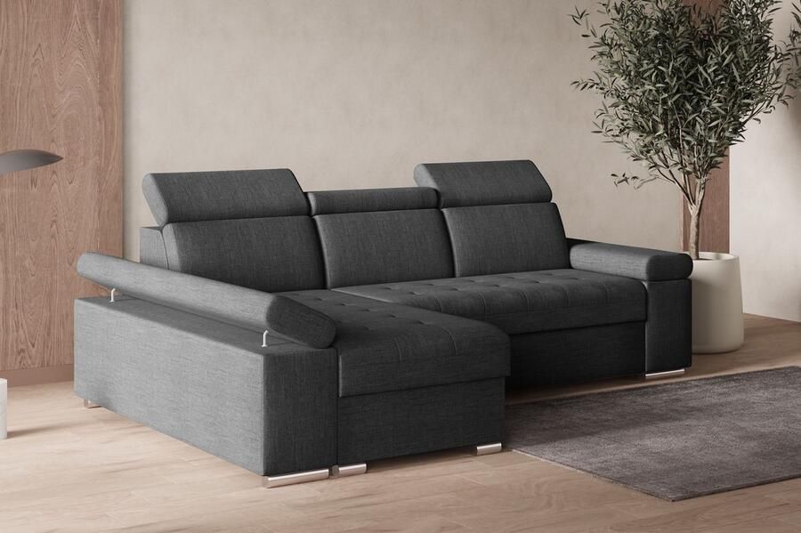 AJE Meubles B.V. Hoekbank L met slaapfunctie verstelbare hoofdsteunen & bedlade – Moderne slaapbank met opbergruimte – Hoekbank Luka L – Donkergrijs (Twist 23) – Links