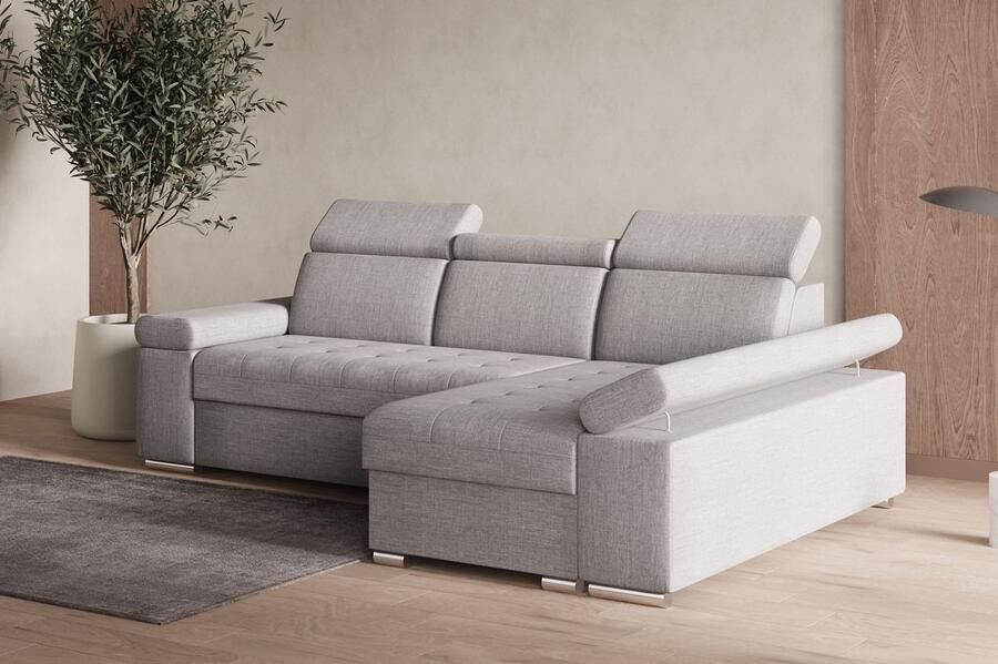 AJE Meubles B.V. Hoekbank L met slaapfunctie verstelbare hoofdsteunen & bedlade – Moderne slaapbank met opbergruimte – Hoekbank Luka L – Lichtgrijs (Twist 19) – Rechts