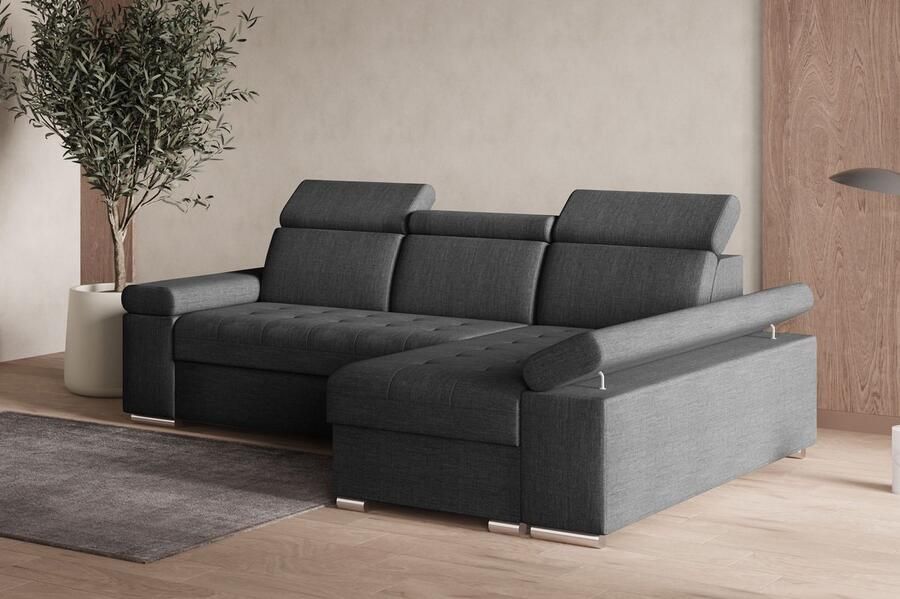 AJE Meubles B.V. Hoekbank L met slaapfunctie verstelbare hoofdsteunen & bedlade – Moderne slaapbank met opbergruimte – Hoekbank Luka L – Donkergrijs (Twist 23) – Rechts