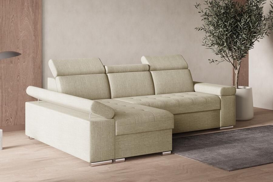AJE Meubles B.V. Hoekbank L met slaapfunctie verstelbare hoofdsteunen & bedlade – Moderne slaapbank met opbergruimte – Hoekbank Luka L – Beige (Twist 01) – Links